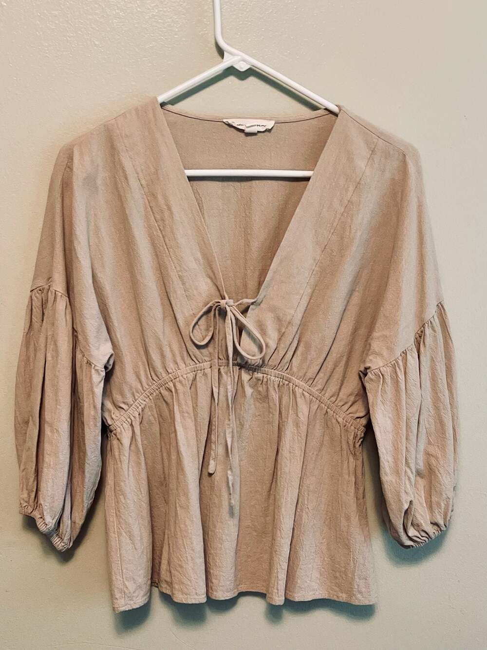 Baby Doll Tie Front Balloon Sleeve Boho Peasant top 100% Cotton, M - Picture 6 of 6